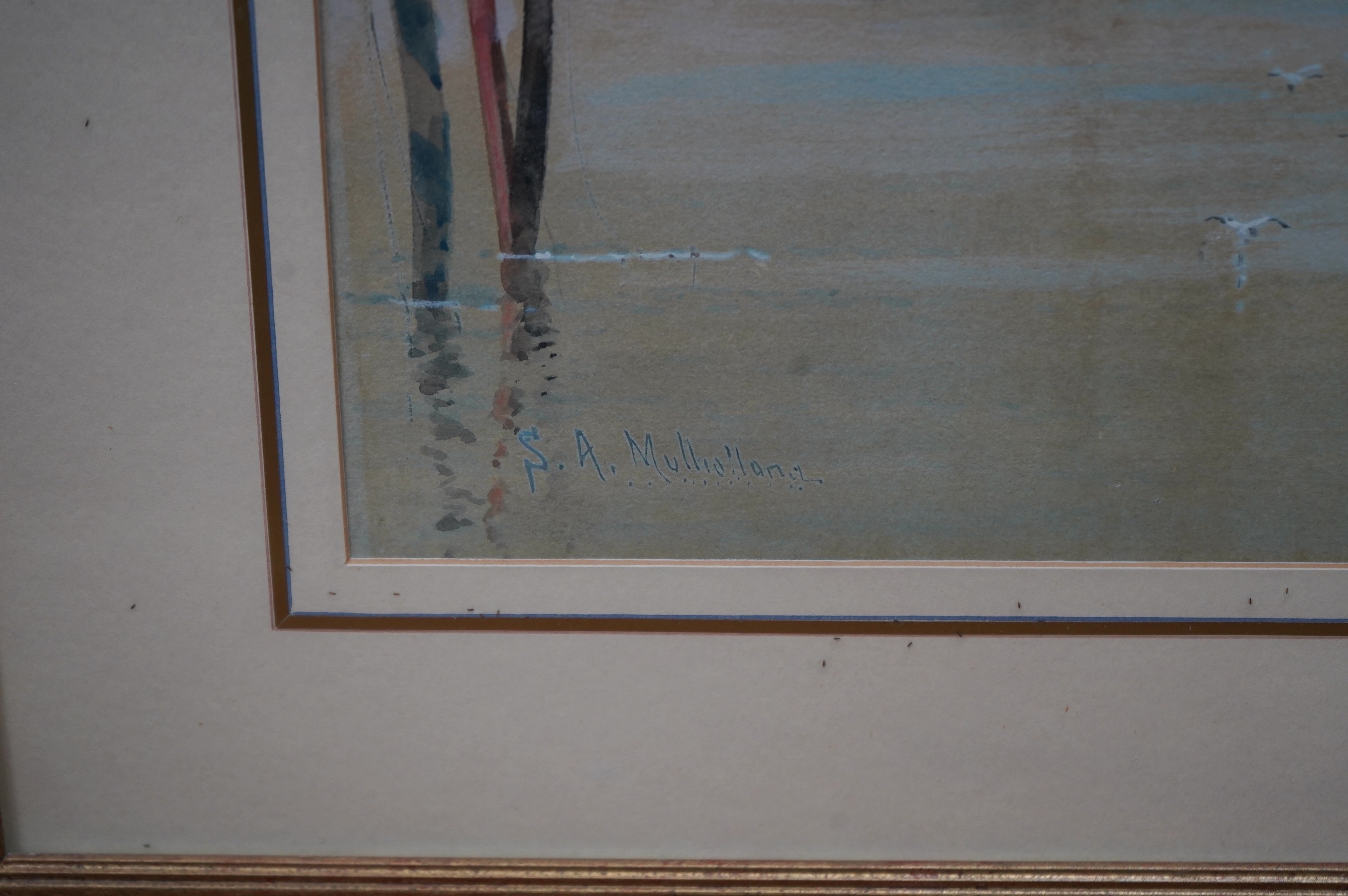 Sydney A. Mulholland (St Clair Augustin, 1839-1910), watercolour, ‘Approaching Venice’, 28 x 57cm, ornate gilt frame. Condition - fair, fading throughout